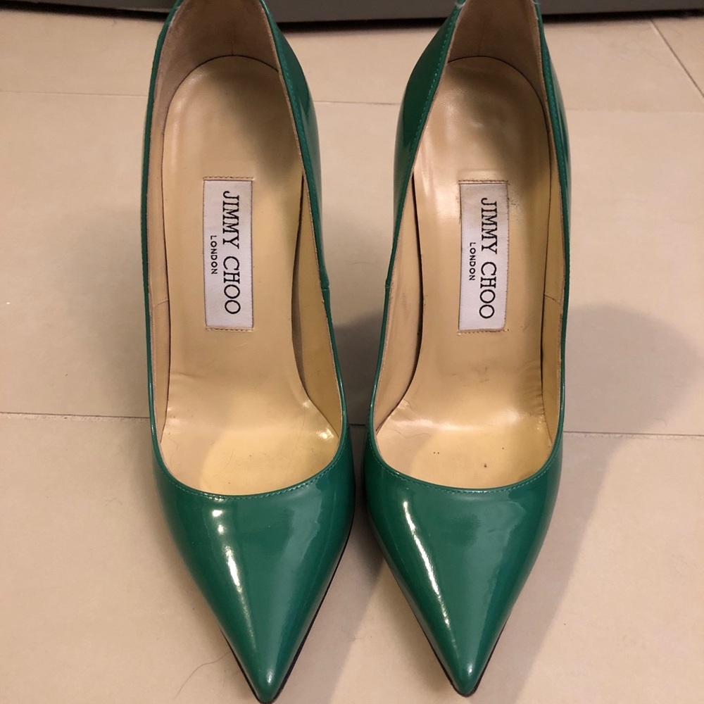 Jimmy Choo green patent leather pumps.